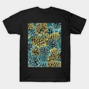 Pinecones Gold and Cyan on Teal Repeat T-Shirt